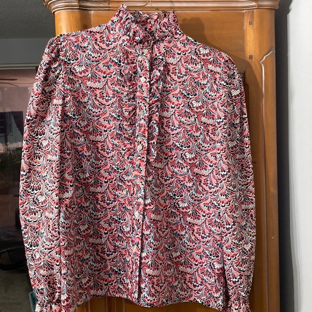 Lucky Winner Vintage Ruffle High‎ Neck Blouse Womens Size L Red Pink Psychedelic